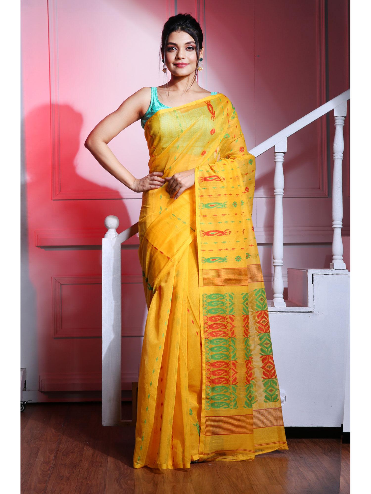 yellow silk cotton handwoven soft jamdani saree without blouse