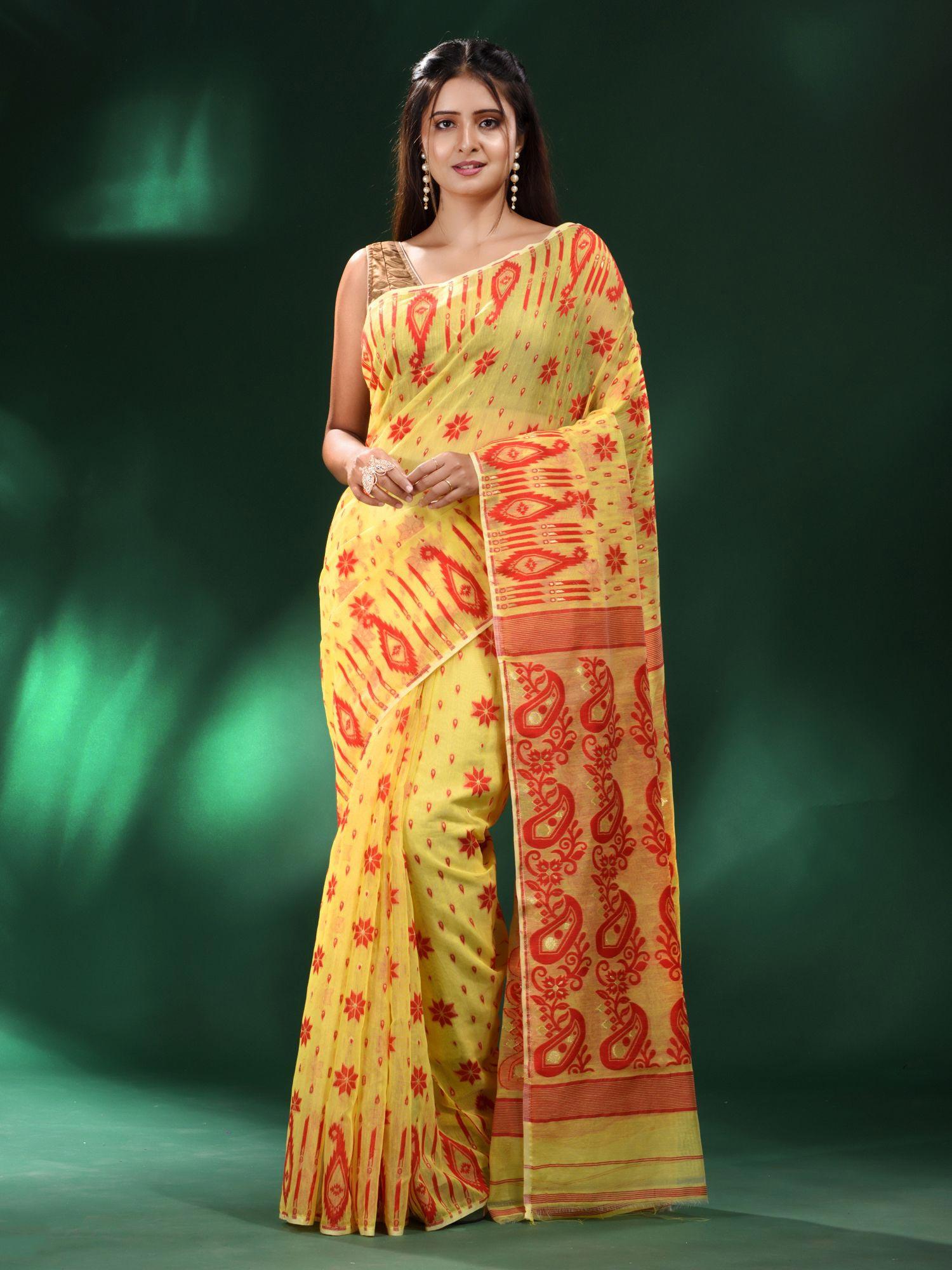 yellow silk cotton handwoven soft jamdani saree without blouse