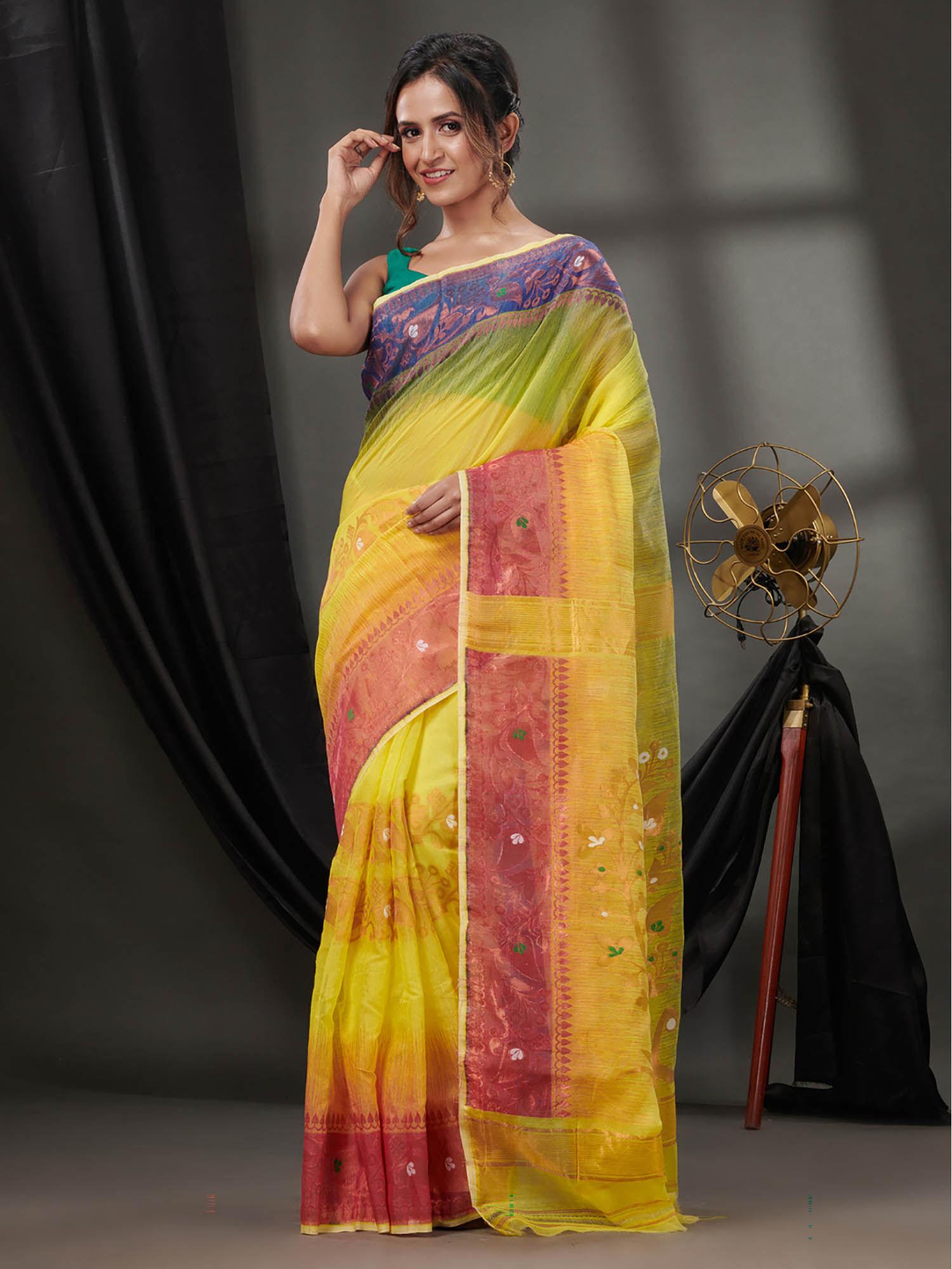 yellow silk cotton jamdhani handwoven saree without blouse & zari woven designs