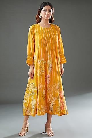 yellow silk cotton printed midi dress