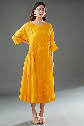 yellow silk cotton printed midi dress