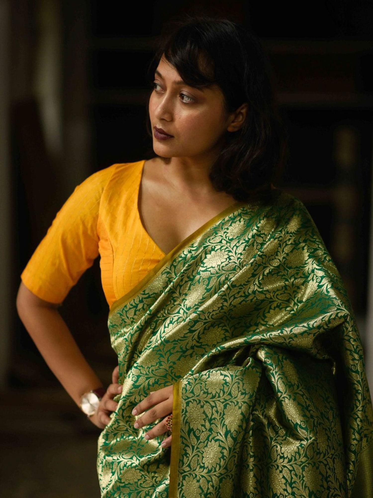 yellow silk cotton woven zari blouse