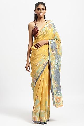 yellow silk crepe printed saree