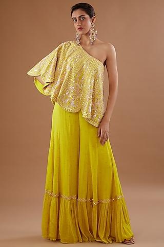 yellow silk dupion sequins embroidered one-shoulder cape set