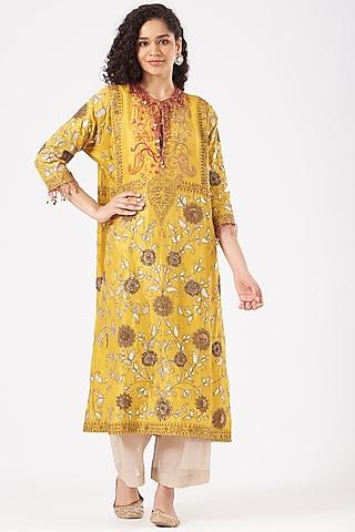 yellow silk embroidered kurta set