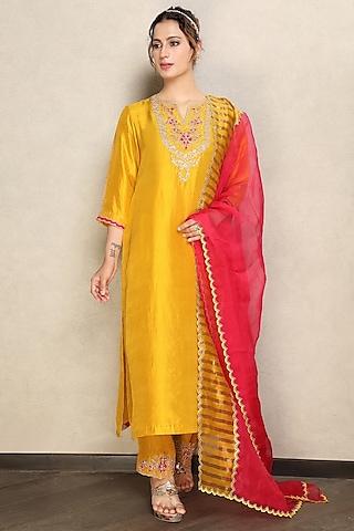 yellow silk embroidered kurta set