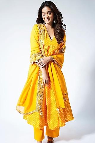 yellow silk embroidered kurta set