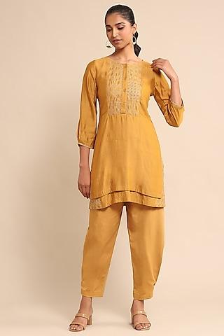 yellow silk embroidered kurta set