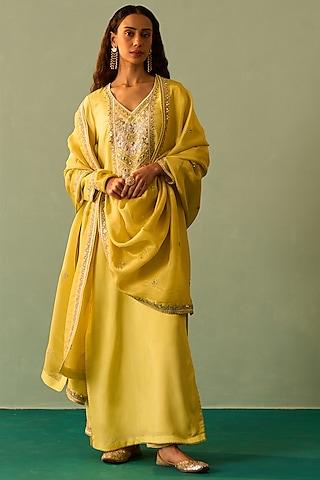 yellow silk embroidered kurta set