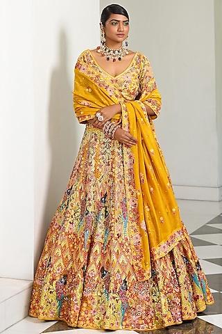 yellow silk embroidered lehenga set