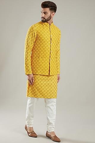 yellow silk embroidered nehru jacket with kurta