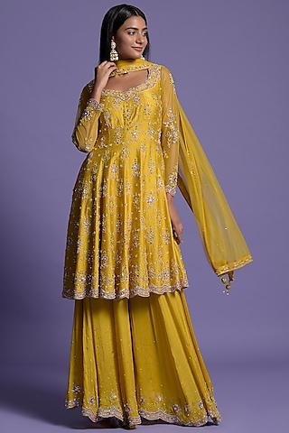 yellow silk embroidered short anarkali set