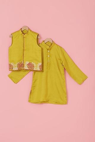 yellow silk floral embroidered nehru jacket set for boys