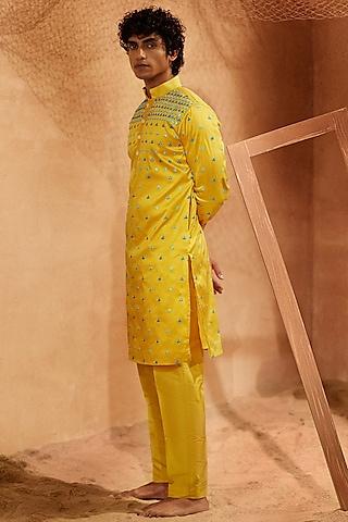 yellow silk foil mirror embroidered handcrafted kurta set