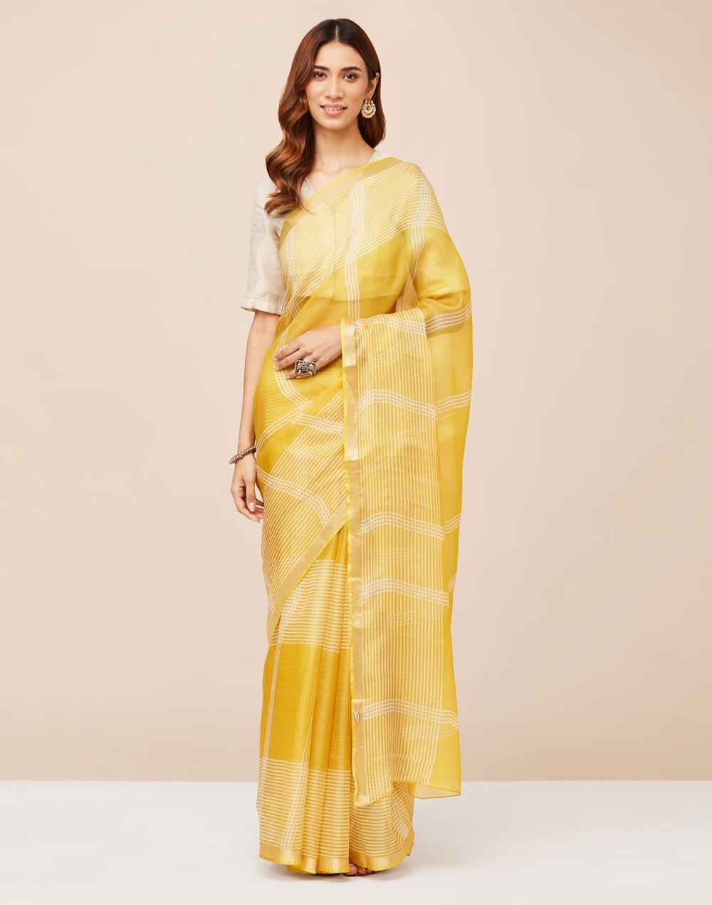 yellow silk hand block print sari