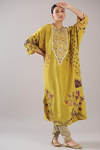 yellow silk hand embroidered kurta set
