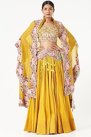 yellow silk jacket lehenga set