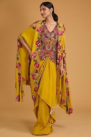 yellow silk kashmiri thread work cape set