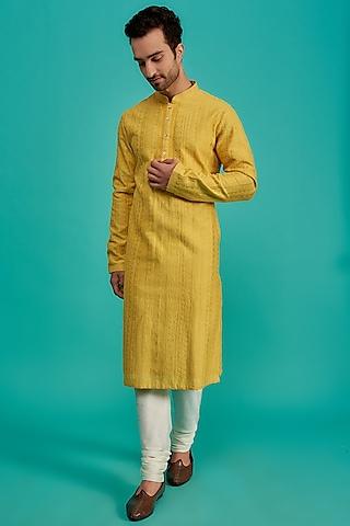 yellow silk lucknowi embroidered kurta set