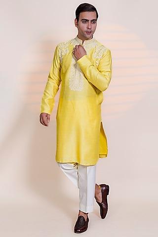 yellow silk machine embroidered kurta set