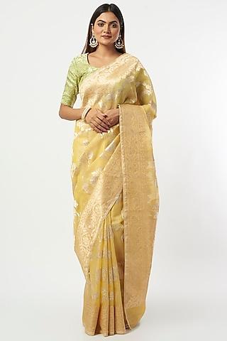 yellow silk organza banarasi kadua zari work saree set