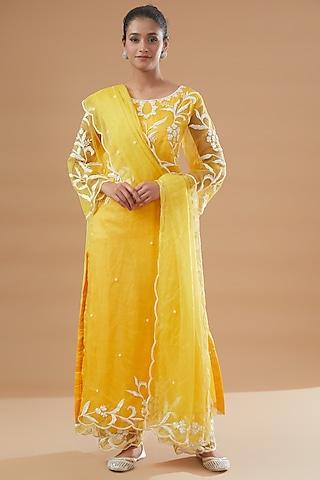 yellow silk organza embroidered kurta set