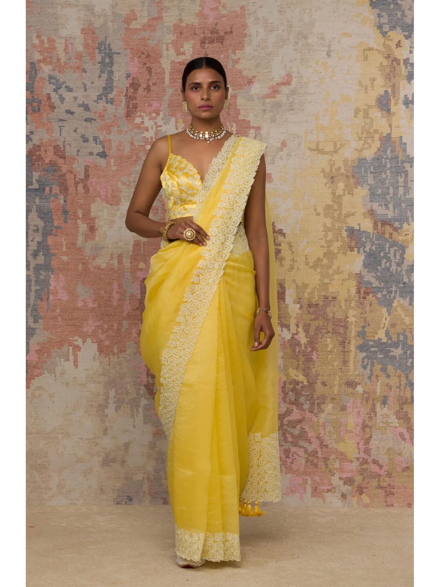yellow silk organza saree with stitched blouse (set of 2)