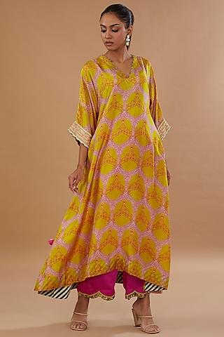 yellow silk printed & hand embroidered kaftaan kurta set