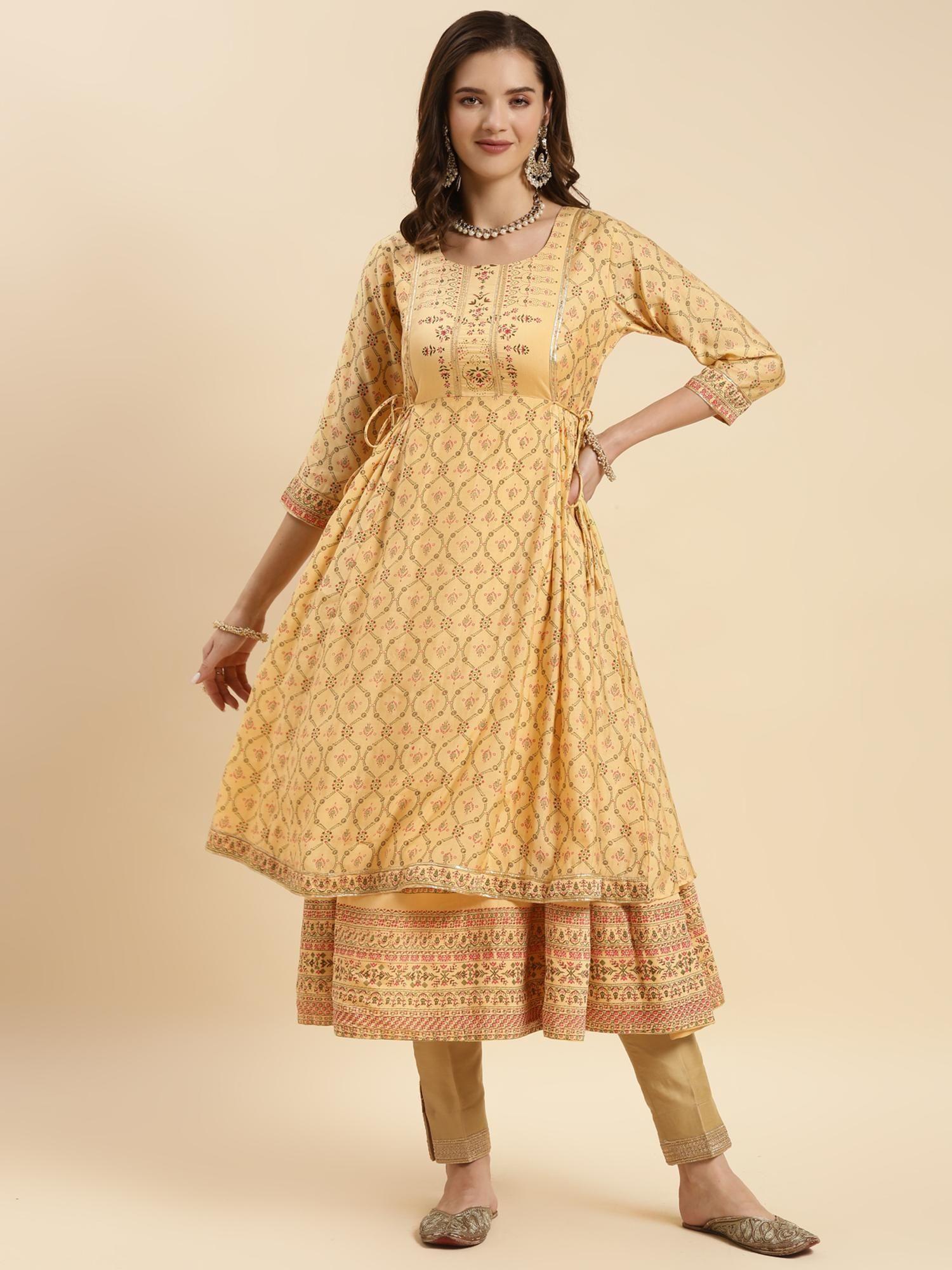 yellow silk printed calf length double layered kurta