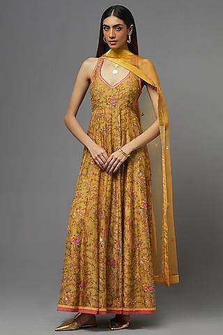 yellow silk printed kalidar anarkali set