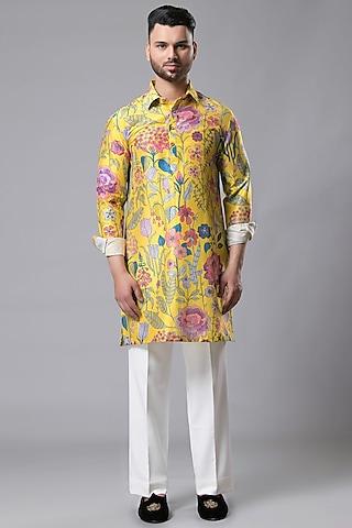 yellow silk printed kurta set