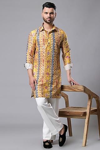 yellow silk printed kurta set