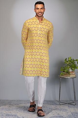 yellow silk printed kurta set