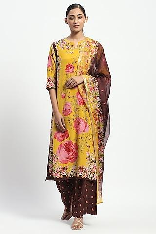 yellow silk printed kurta set