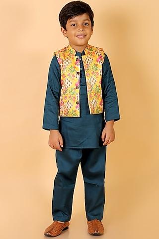 yellow silk printed nehru jacket set for boys