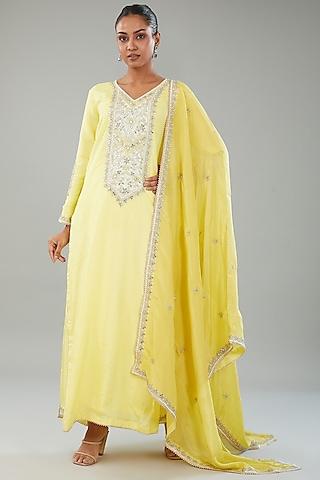 yellow silk resham embroidered kurta set