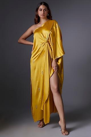 yellow silk satin bandhani printed one-shoulder dress