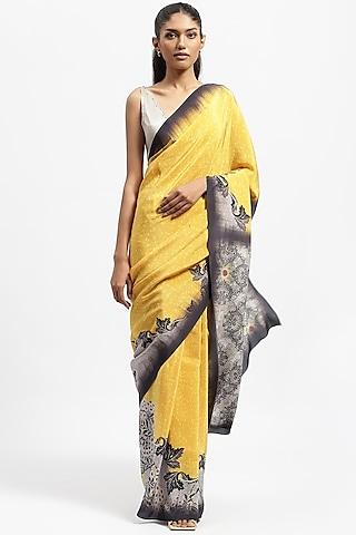 yellow silk satin printed saree