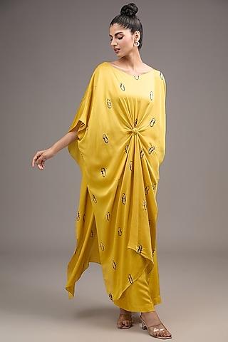 yellow silk satin tie-dye tunic set