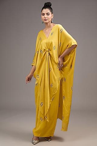 yellow silk satin tie-dye tunic set