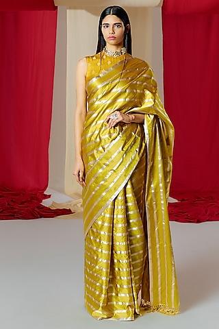 yellow silk striped handwoven banarasi kadwa saree set