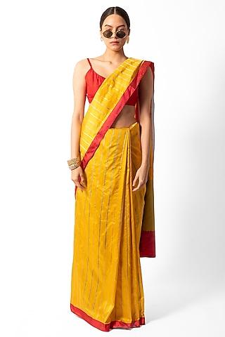 yellow silk striped handwoven banarasi saree