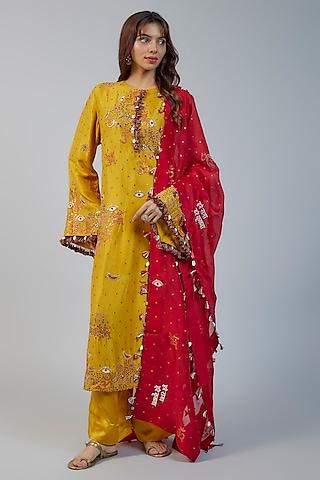 yellow silk thread & sequins embroidered straight kurta set