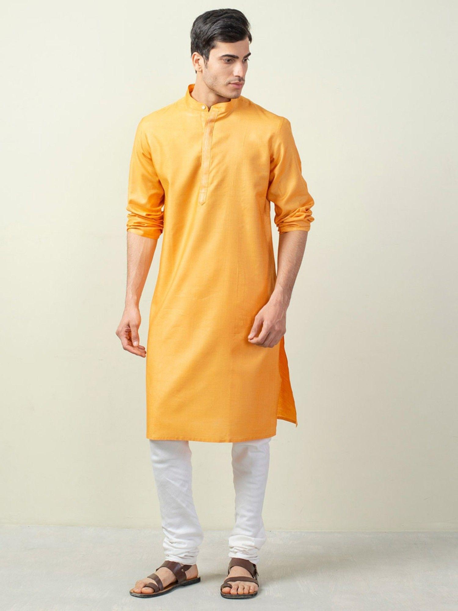 yellow silk tussar zari placket long kurta