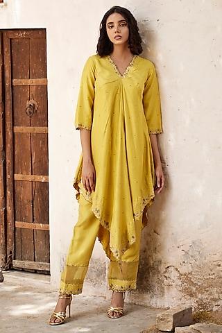 yellow silk twill hand embroidered asymmetrical kurta set