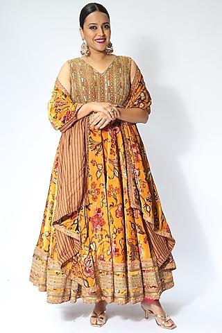 yellow silk velvet anarkali set