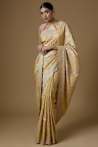 yellow silk zari floral hand printed saree set