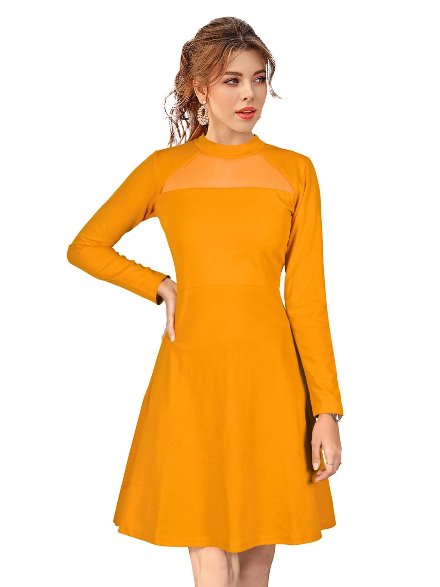 yellow skater knit fabric dress for women