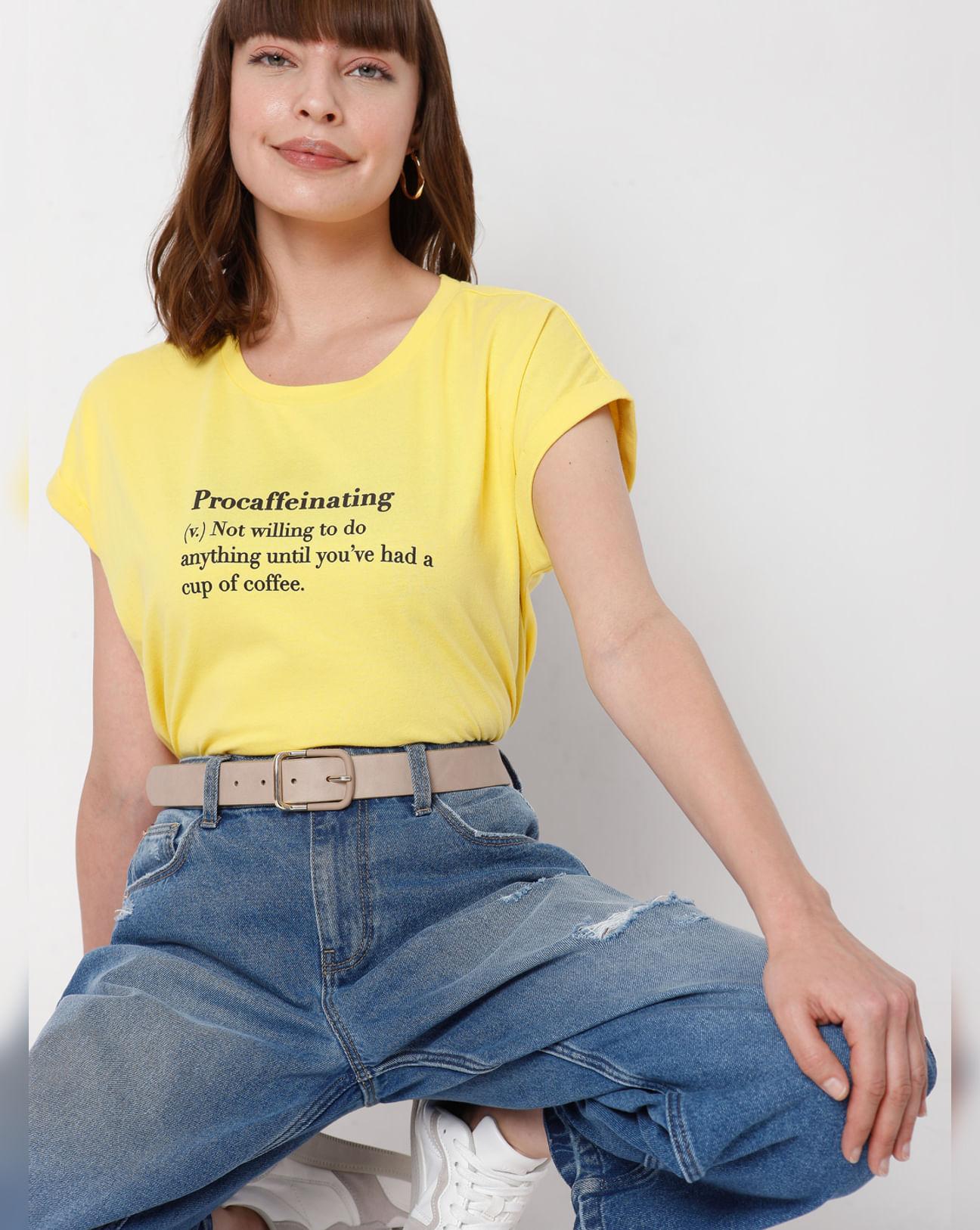 yellow slogan print t-shirt