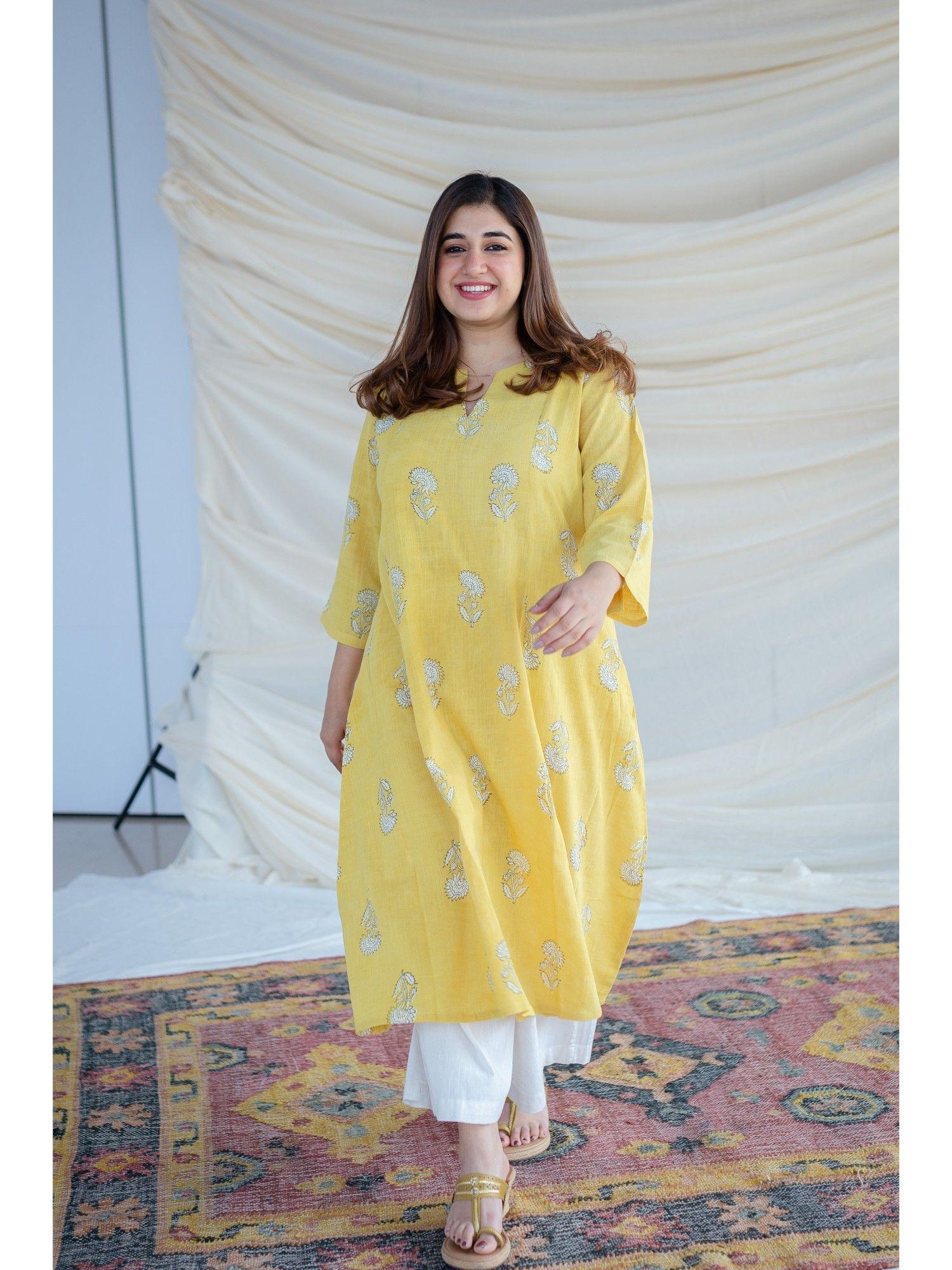 yellow slub cotton kali kurta